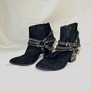 Steve Madden Maela Ankle Boots Black Suede Leather Braided Straps Sz 6.5 Western